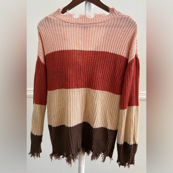 NWOT Alison Andrews Distressed V-Neck Striped Sweater,Pink,Red,Cream, Brown S:L - Picture 3 of 5